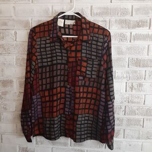 Vintage Kathy Che Blouse Geometric Brick Block sz 8 Timeless